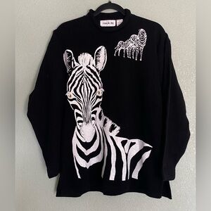 Lisa & Me Collectable Wearable Art Hand Zebra Black Mock Sweatshirt Size Medium